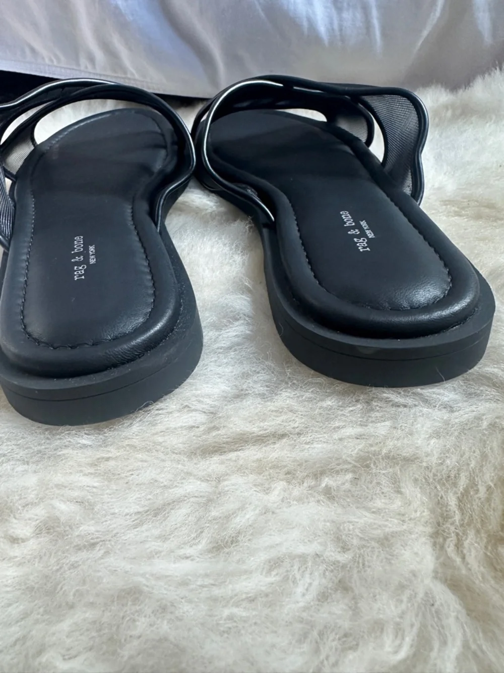 Rag & Bone Geo Mesh Cross Strap Sandals Black Slide Leather Trim Cushioned NEW